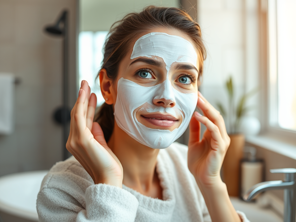 American woman in her 40s doing home skin care with a sheet mask in a bright bathroom - SELFLOVECLUB