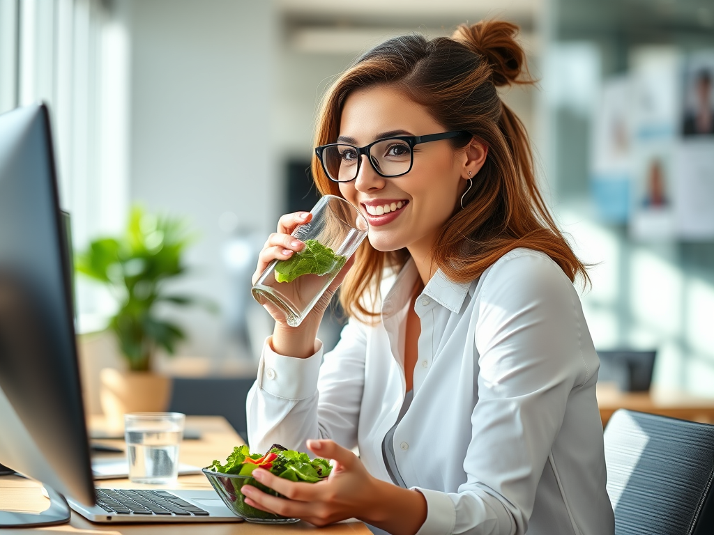 A working adult maintaining health through hydration and clean eating. SELFLOVECLUB

