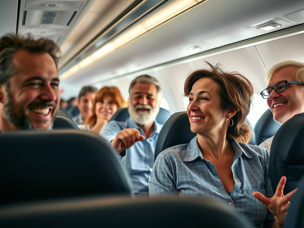 Middle-aged American passengers doing in-seat exercises to promote circulation during flight – SELFLOVECLUB