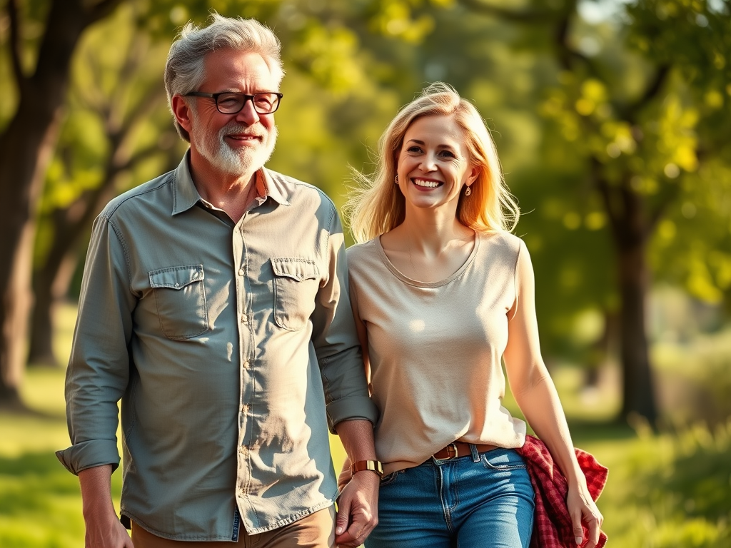 Happy American couple in their 40s walking outside in the sunlight, embracing a healthy aging lifestyle - SELFLOVECLUB