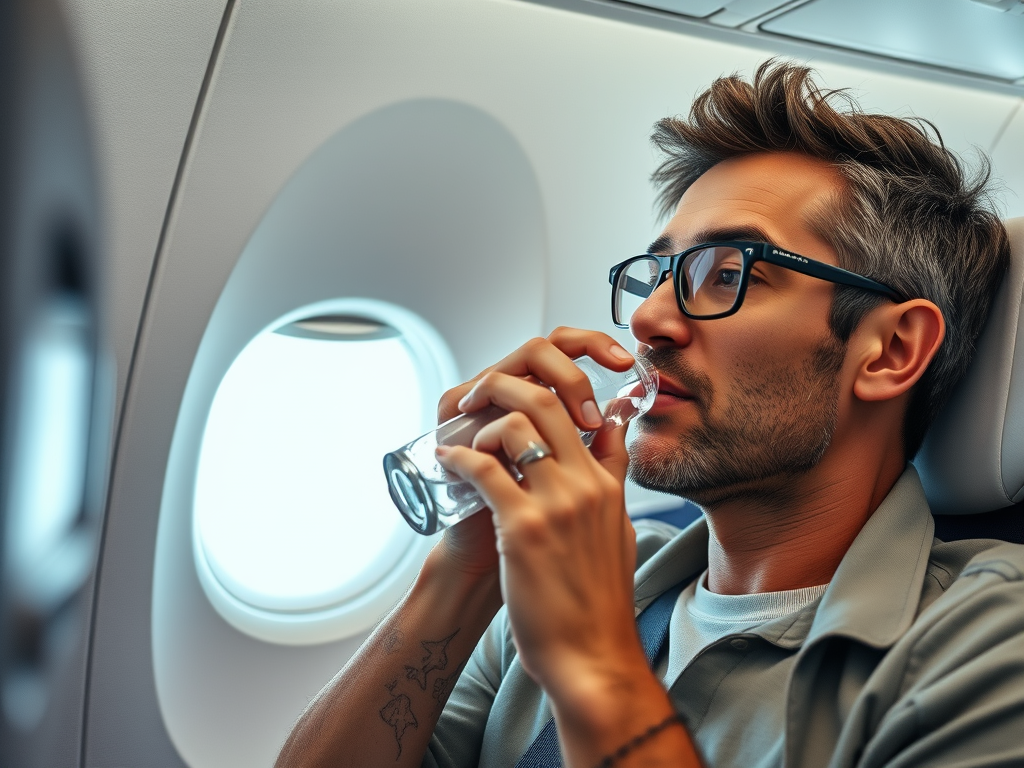 Traveler maintaining skin hydration by applying moisturizer and drinking water on a plane – SELFLOVECLUB