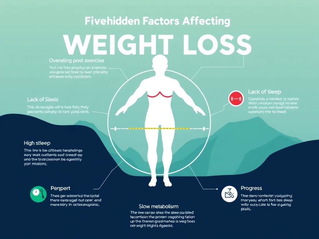 Infographic showing five hidden factors that hinder weight loss: overeating after workouts, insufficient sleep, elevated stress, sluggish metabolism, and ineffective progress monitoring. SELFLOVECLUB