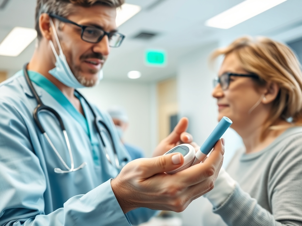 A healthcare provider discussing blood sugar readings with a patient in a clinical setting. SELFLOVECLUB