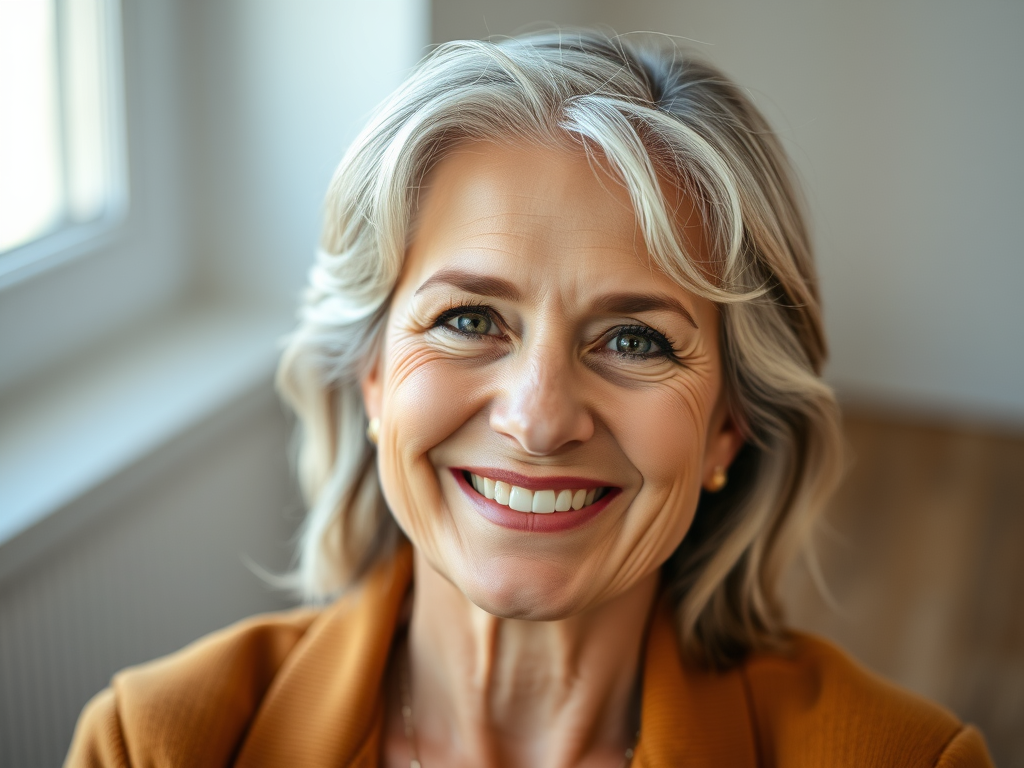Mature adult with calm smile symbolizing long-term vitality and purpose – SELFLOVECLU