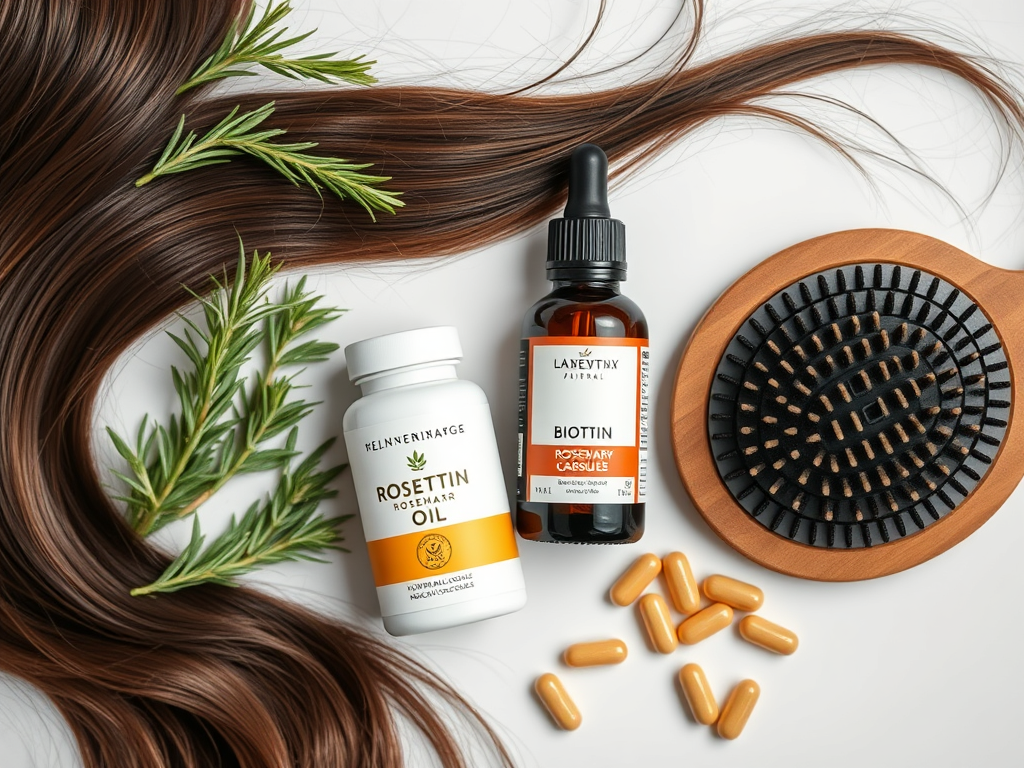 Natural treatments like rosemary oil and scalp tools for restoring healthy hair. SELFLOVECLUB