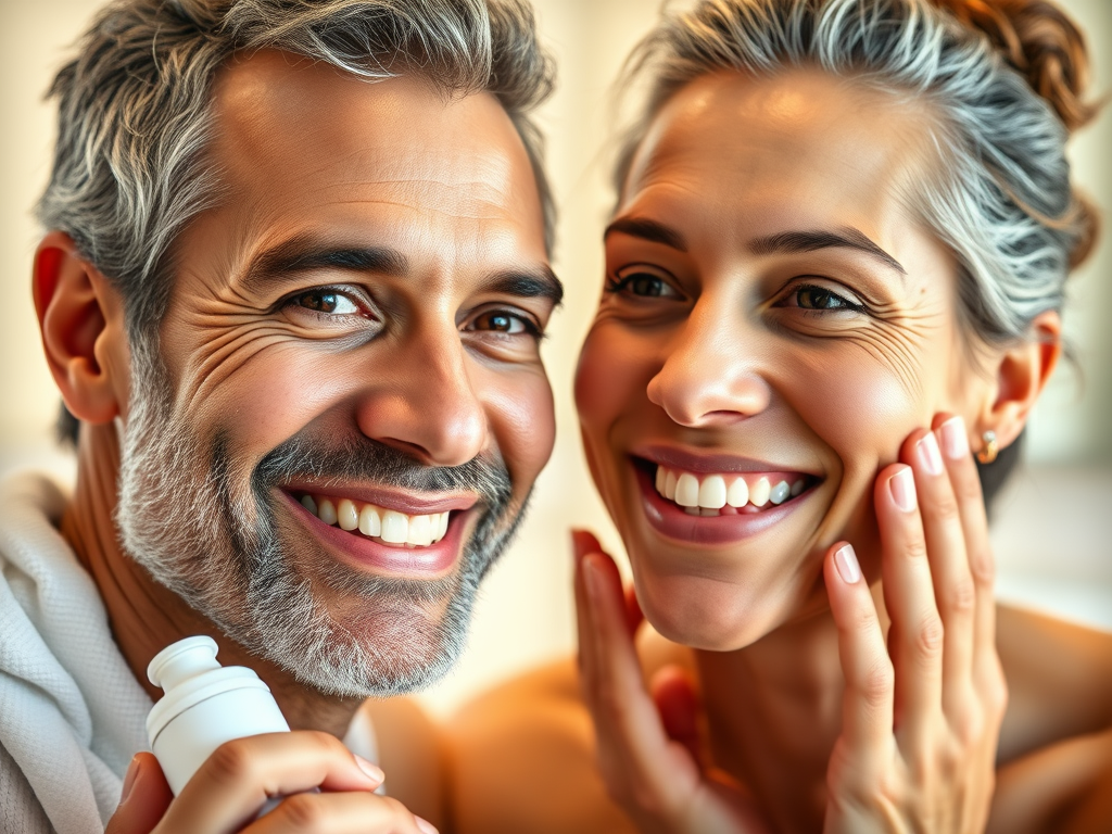 "Middle-aged American couple applying skincare in the morning light – glowing, healthy skin – SELFLOVECLUB"


