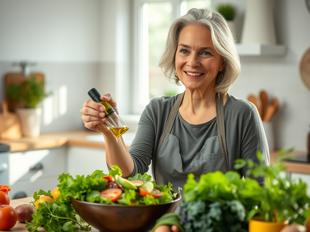 A healthy woman using plant-based oils in her daily meals for better heart support. SELFLOVECLUB