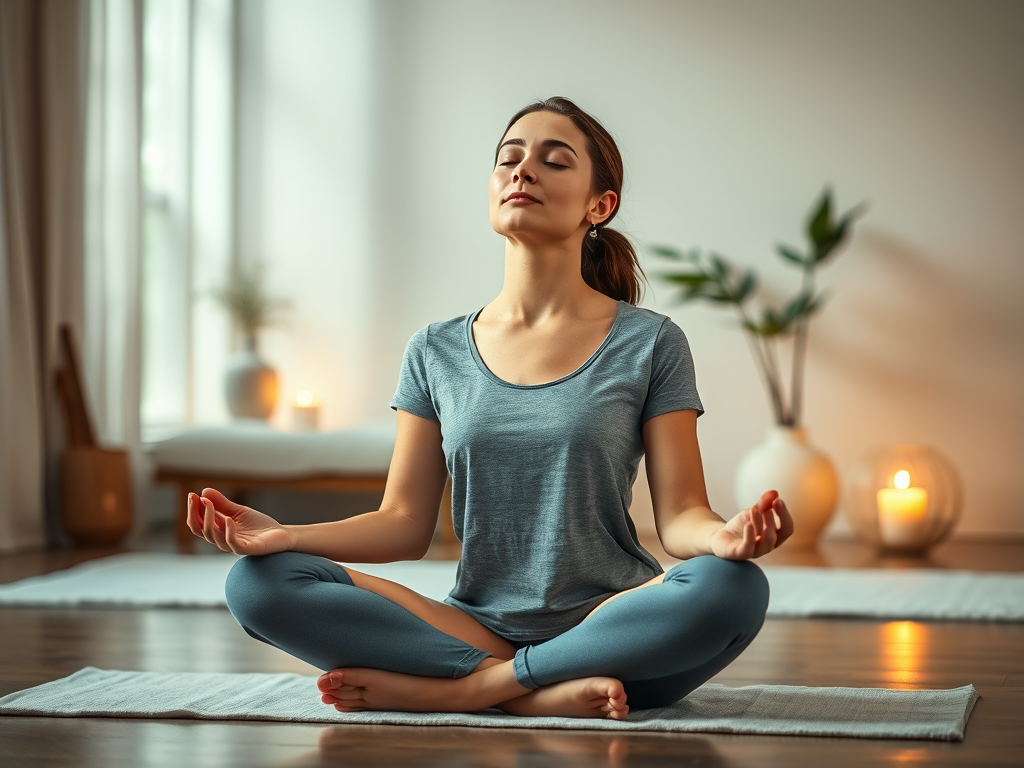 A woman reducing cortisol naturally through deep breathing and mindfulness. SELFLOVECLUB