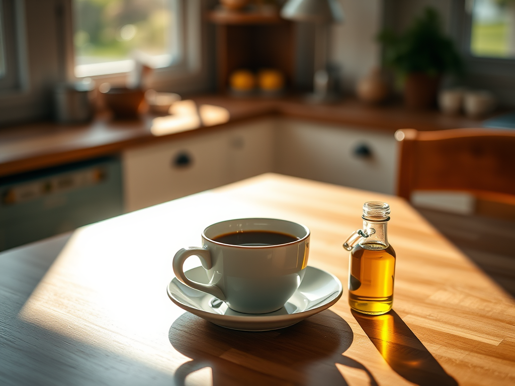 A wellness morning setup featuring olive oil and black coffee for digestive and metabolic benefits. SELFLOVECLUB