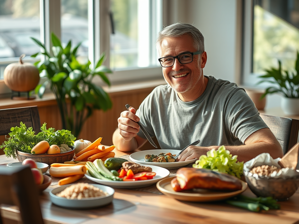 A middle-aged person eating slowly at a balanced table of colorful whole foods. SELFLOVECLUB