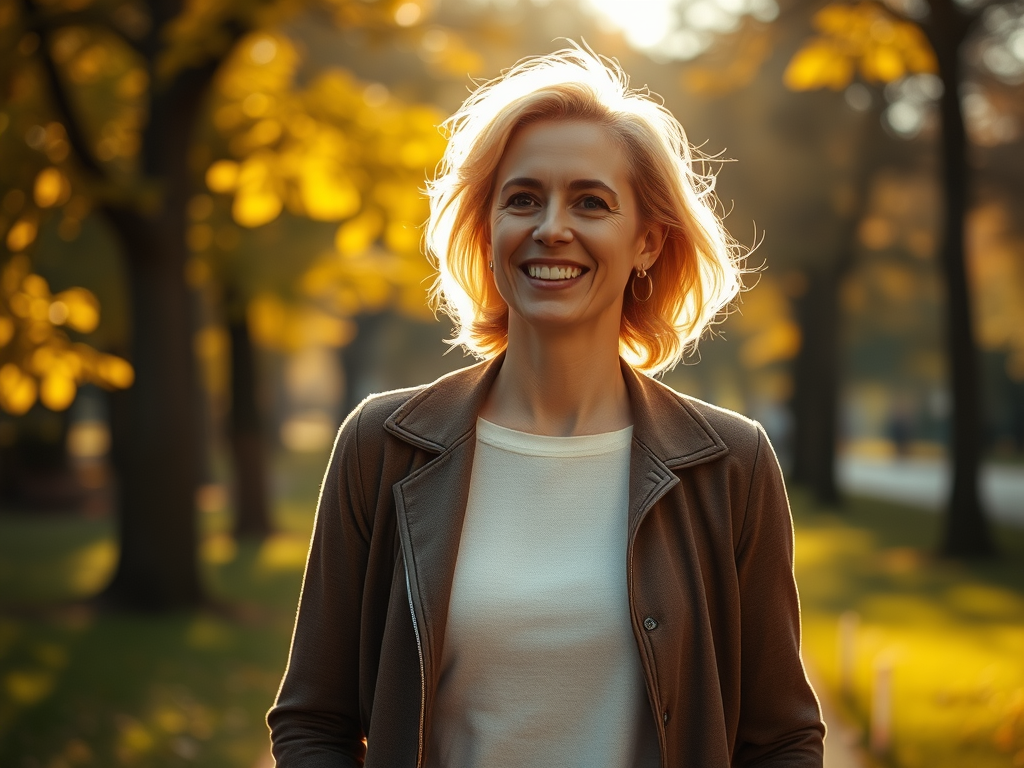 A woman practicing slow aging through movement, peace, and sunlight. SELFLOVECLUB