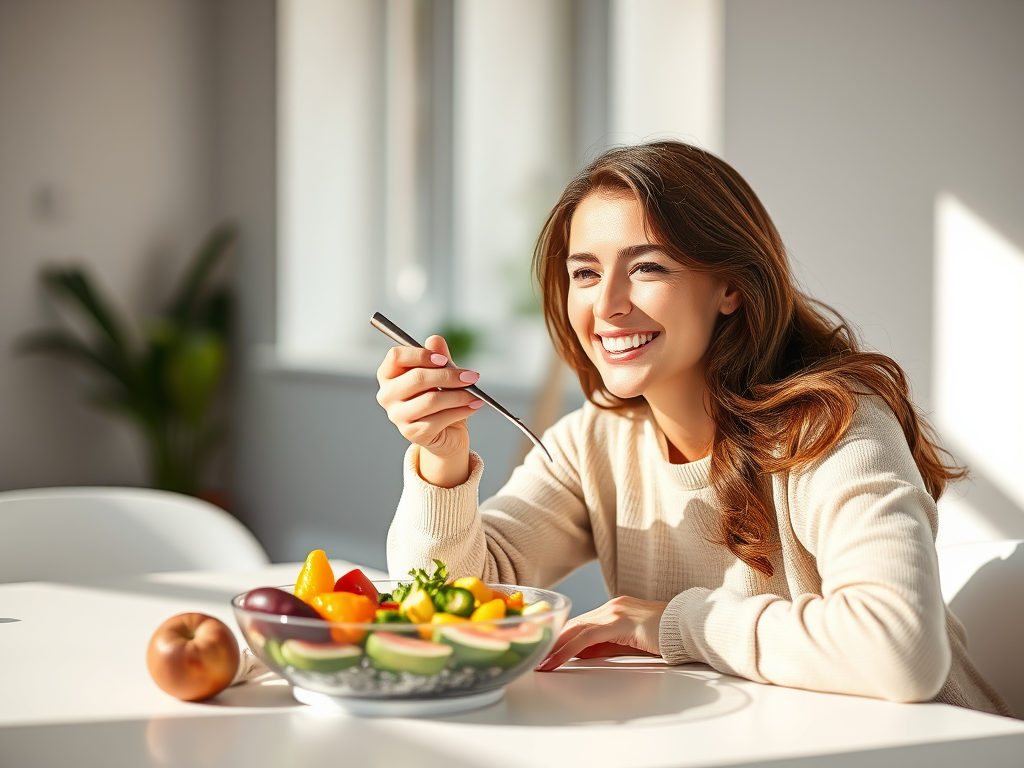 A woman supporting her mood and digestion by eating mindfully and chewing slowly. SELFLOVECLUB