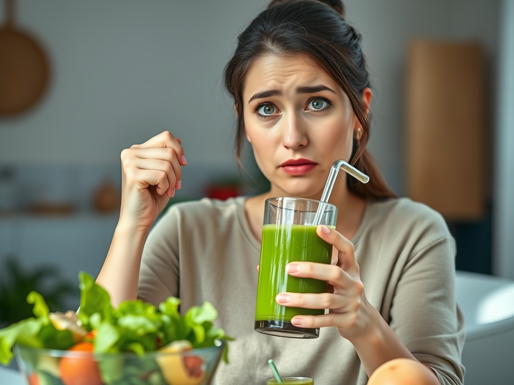 A health-conscious woman questioning the benefits of green juice vs real vegetables. SELFLOVECLUB

