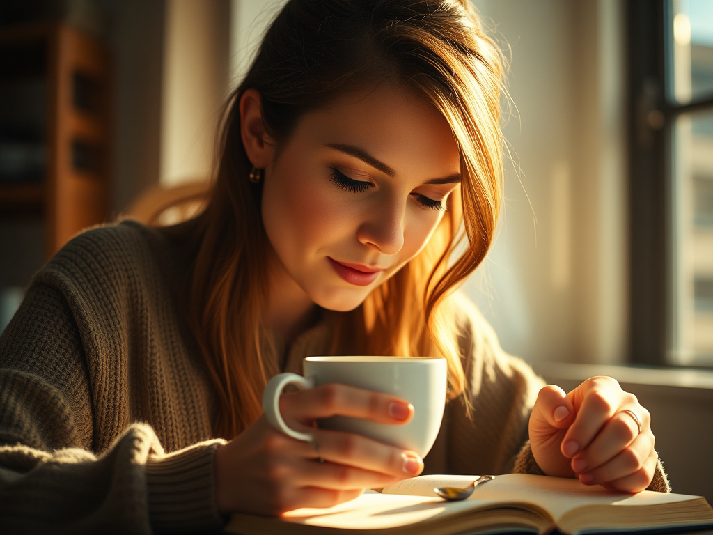 A woman enjoying olive oil coffee as part of her simple morning health routine. SELFLOVECLUB