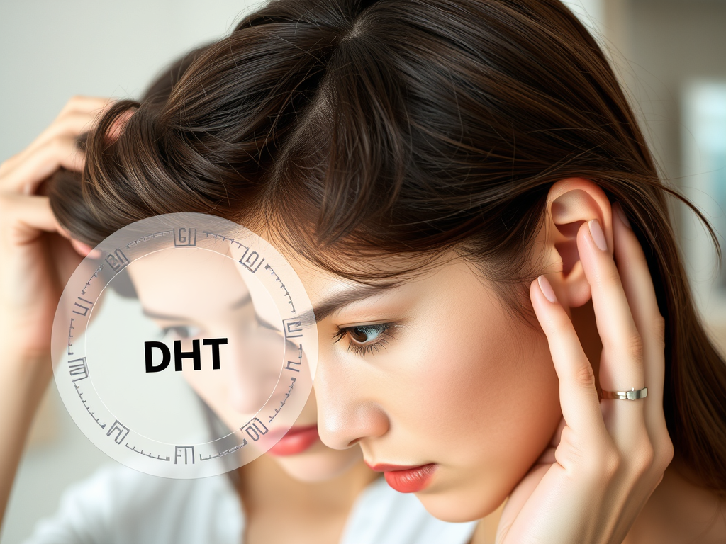 A woman examining early signs of hair thinning with a scientific breakdown of causes. SELFLOVECLUB