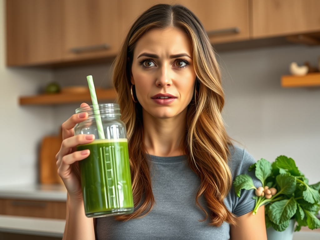 A young American woman rethinking her smoothie routine after learning about oxalate risks. SELFLOVECLUB