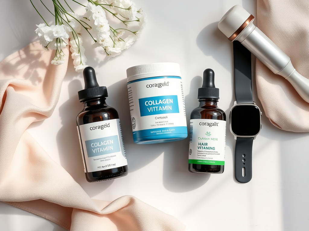 A clean flatlay of wellness tools including supplements, skincare, and tracking devices. SELFLOVECLUB