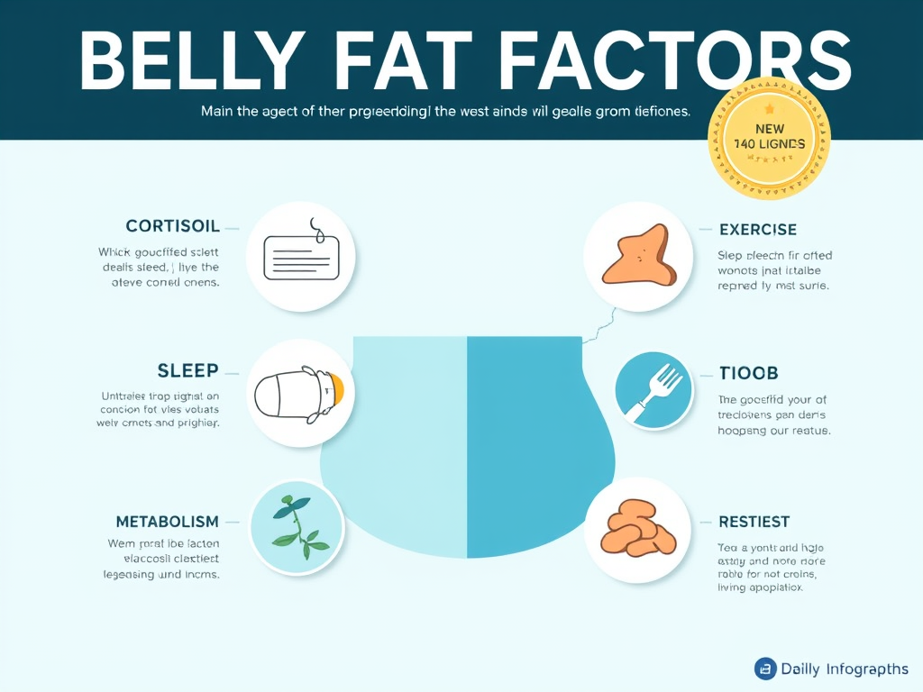 A clean infographic showing root causes and solutions for abdominal fat. SELFLOVECLUB