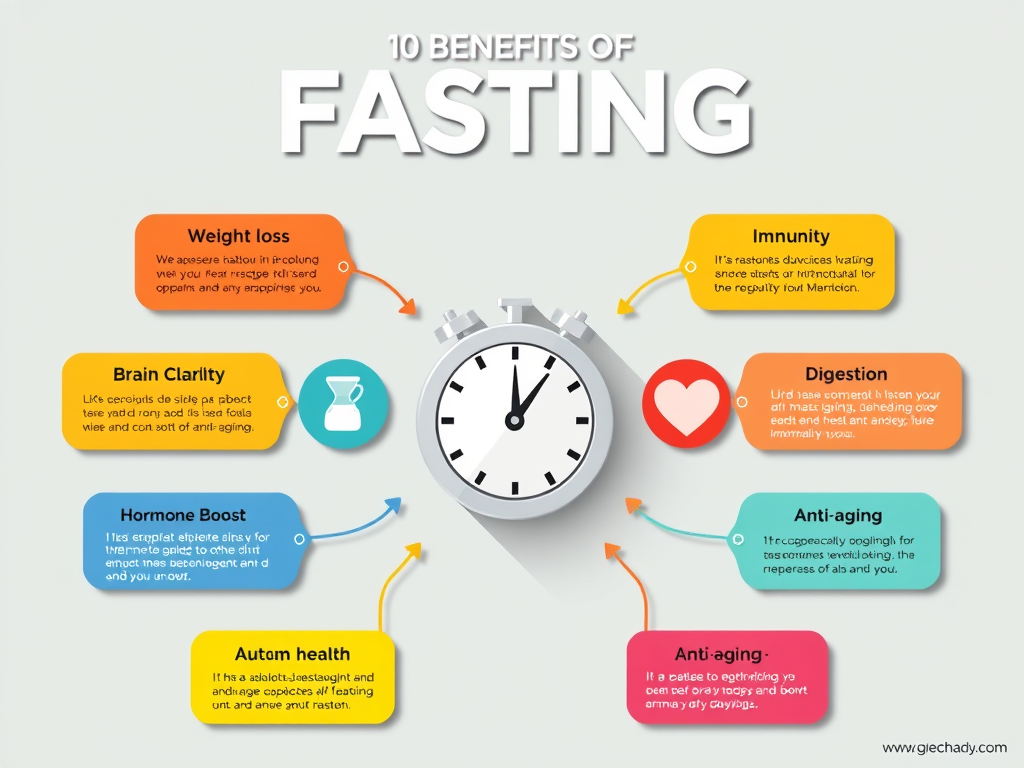 A visual guide of the top 10 health benefits of 16:8 intermittent fasting. SELFLOVECLUB
