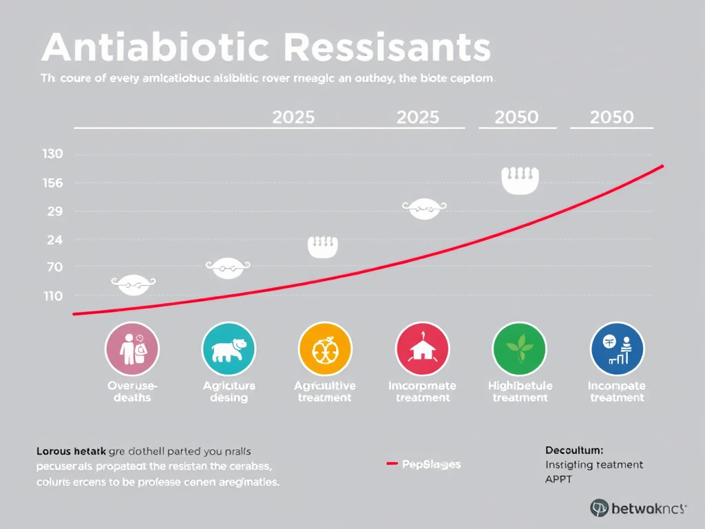 A timeline infographic of rising antibiotic resistance deaths with key contributing factors. SELFLOVECLUB

