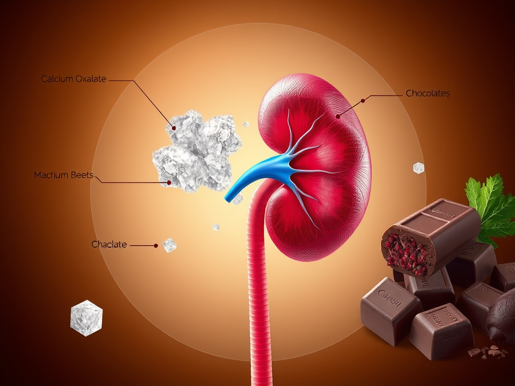 A medical illustration showing oxalate buildup in kidneys with related foods nearby. SELFLOVECLUB