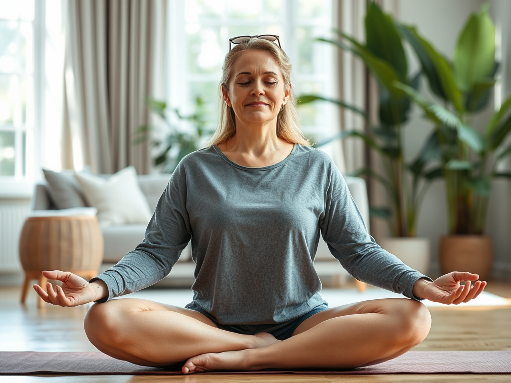 Peaceful 30s American woman practicing meditation at home to manage stress and slow aging - SELFLOVECLUB