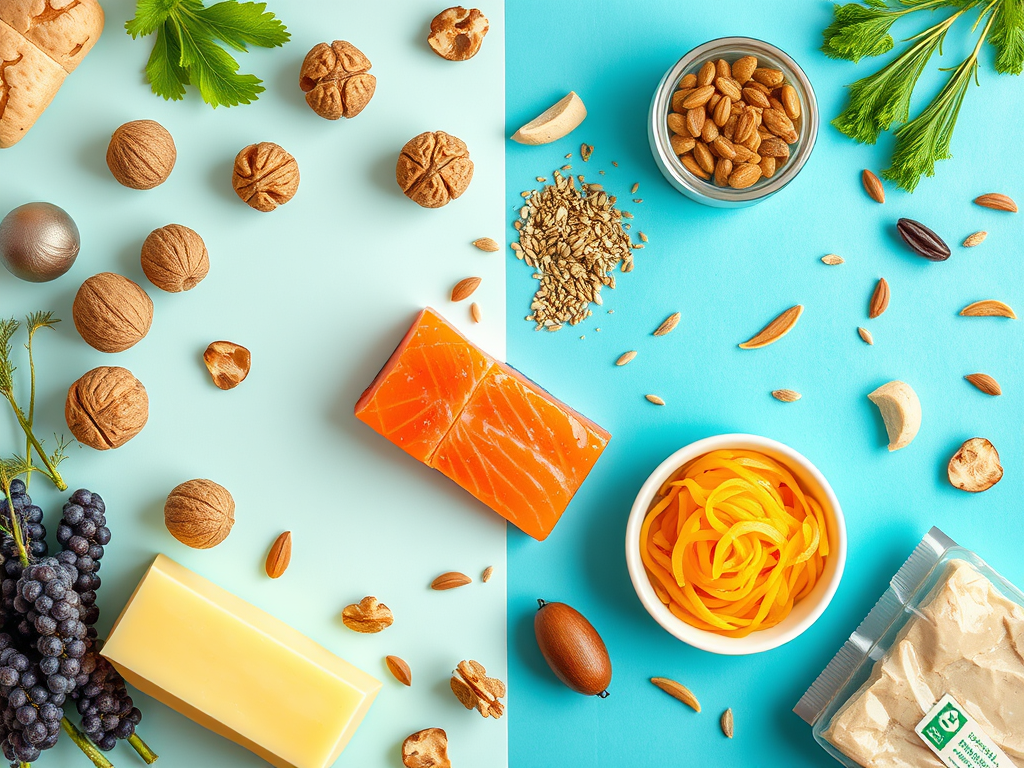 A flat lay comparison of omega-3 and omega-6 food sources – SELFLOVECLUB
