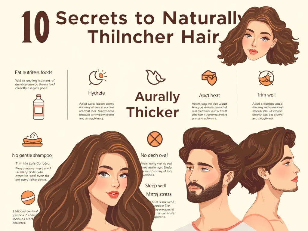Infographic titled ‘10 Secrets to Naturally Thicker Hair’ with soft pastel illustrations. Each of the 10 sections includes an icon and text: Eat nutritious food, scalp massage, hydrate, avoid heat styling, use gentle shampoo, trim often, avoid chemicals, sleep well, take supplements, and manage stress. Features healthy-looking adults in their 30s and 40s. SELFLOVECLUB.