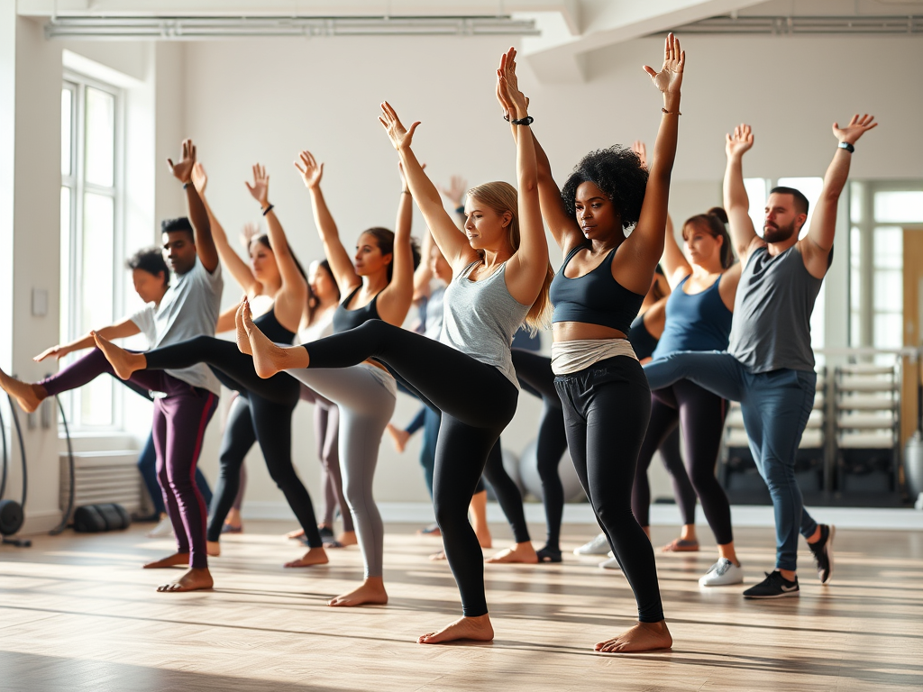 Group of American adults aged 30–50 performing dynamic pre-workout stretches like leg swings and arm circles in a modern gym setting. SELFLOVECLUB