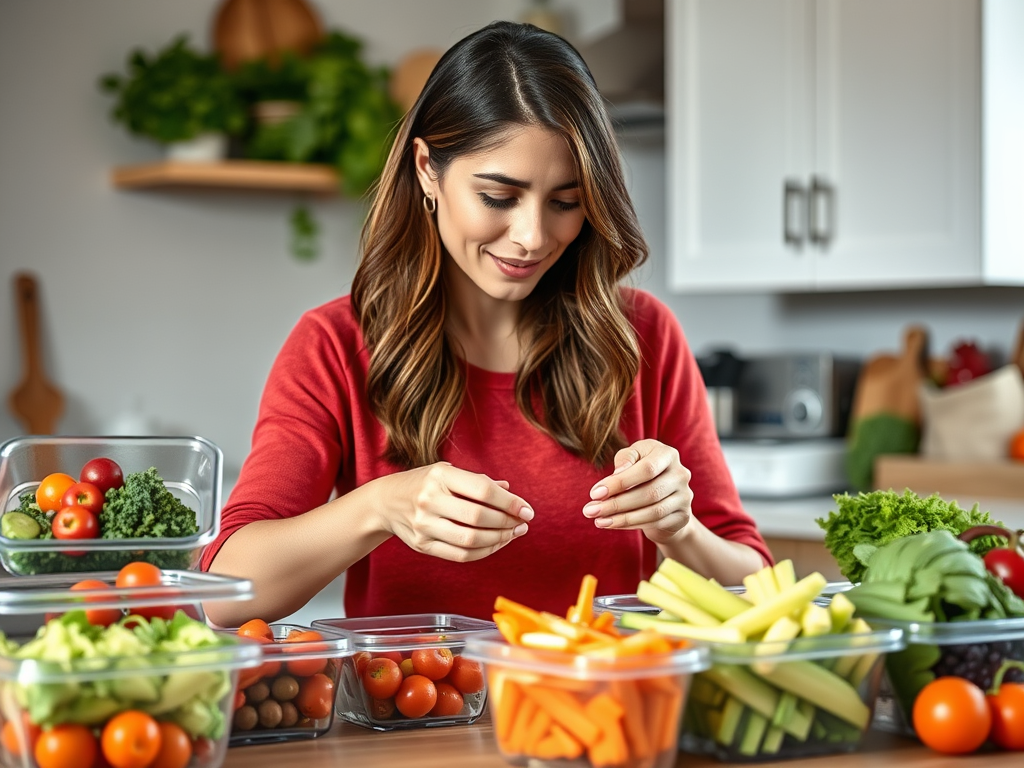 American woman in her 30s preparing healthy meals in a bright kitchen with vegetables - SELFLOVECLUB