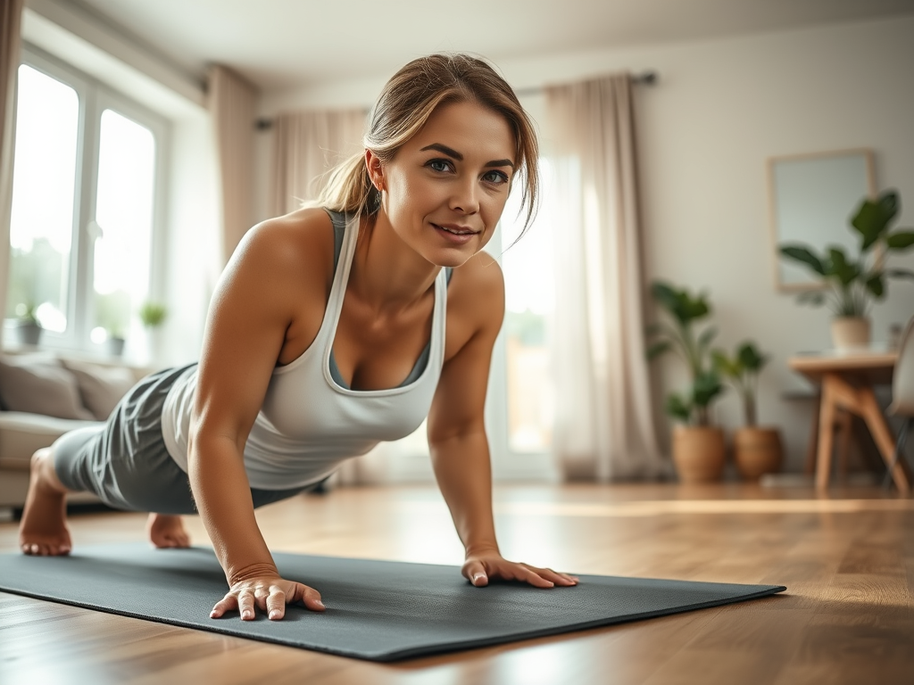 A woman training with push-ups at home as part of a 6-week fitness plan – SELFLOVECLUB