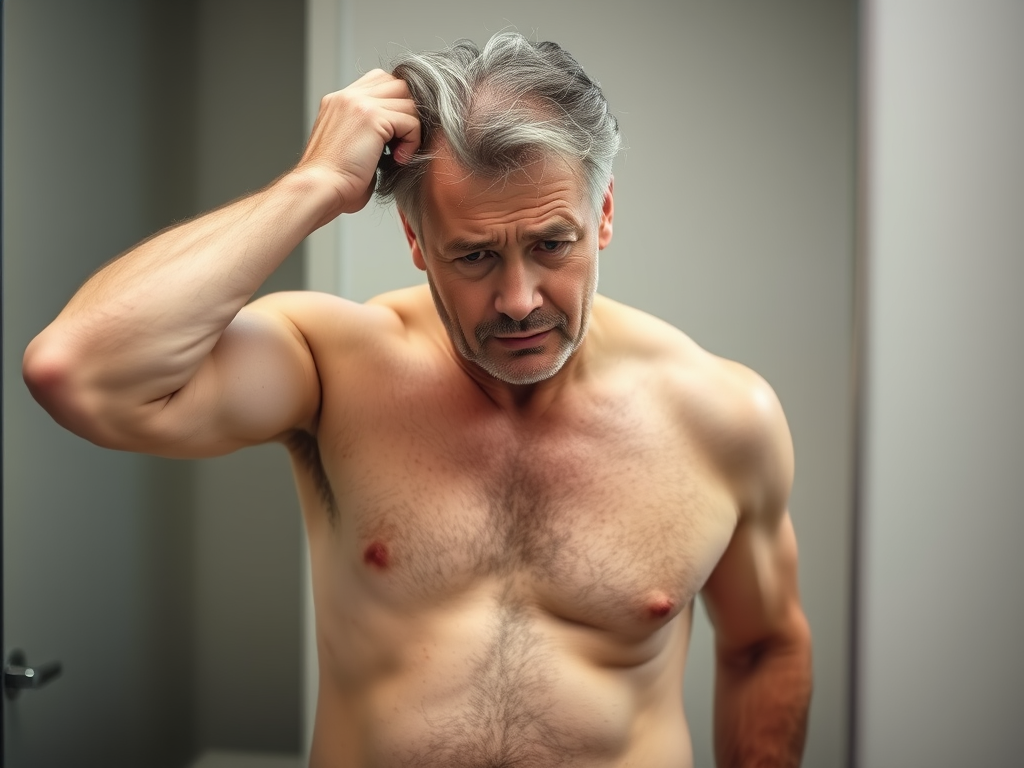 Middle-aged American man noticing hair thinning while examining belly fat – SELFLOVECLUB