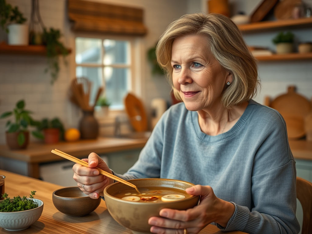 A midlife woman eating fermented soy soup to support digestion and gut health – SELFLOVECLUB