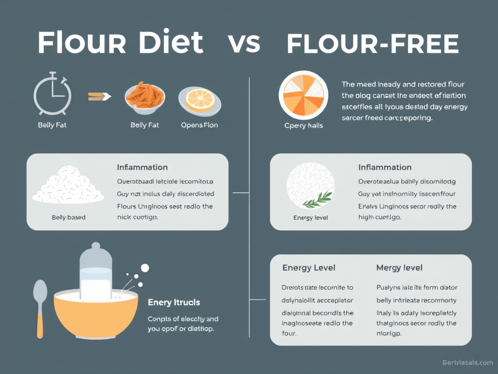 Infographic showing benefits of a flour-free diet: less belly fat, more energy, better metabolism – SELFLOVECLUB