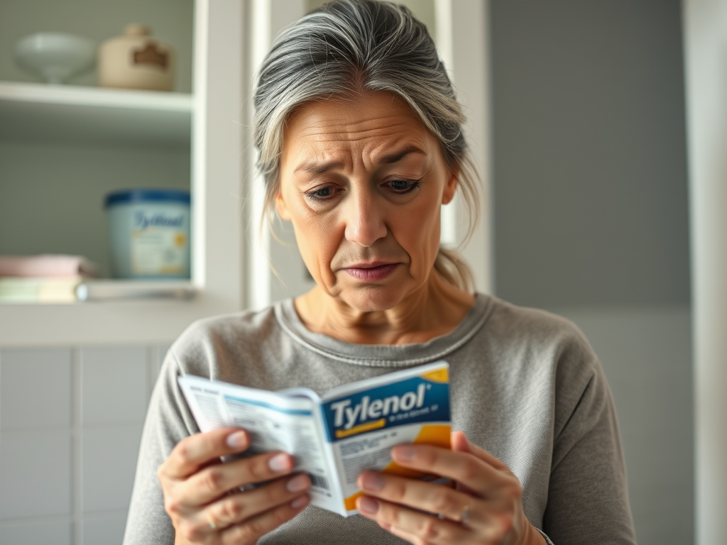 A 40-something American woman checking a Tylenol label with concern – SELFLOVECLUB